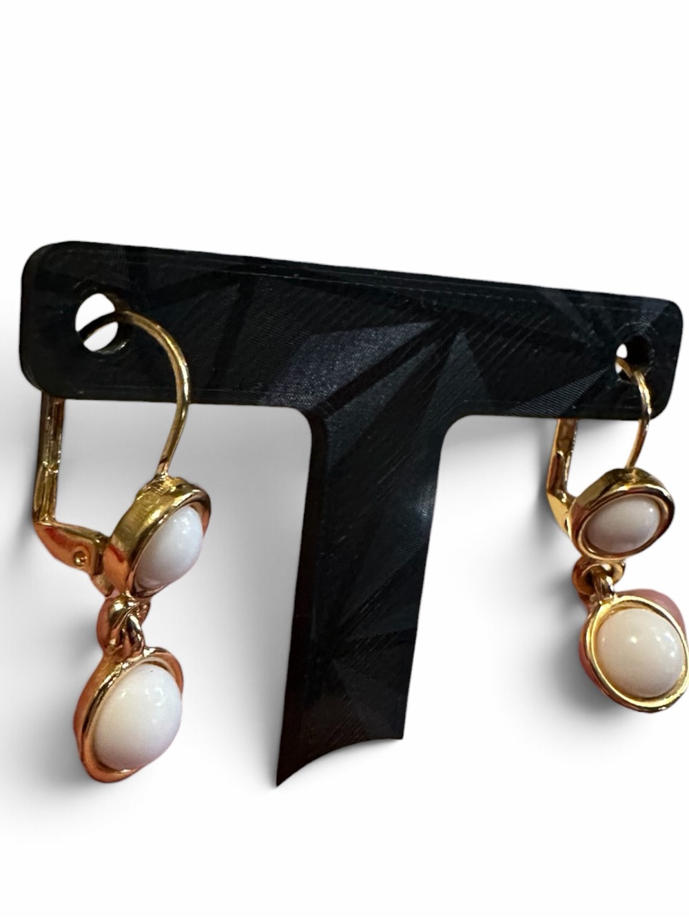 Vintage Napier White Cabochon Gold Tone Drop Pierced Earrings